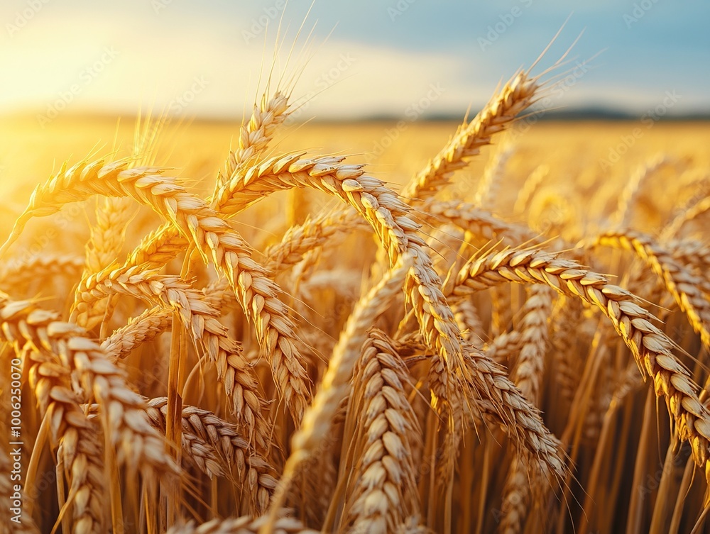 A detailed close-up panoramic view of golden wheat fields gently swaying in the breeze under a clear azure sky during a vibrant sunset. Warm sunlight casts a golden glow over the landscape. A detailed close-up panoramic view of golden wheat fields gently swaying in the breeze under a clear azure sky during a vibrant sunset. Warm sunlight casts a golden glow over the landscape.
