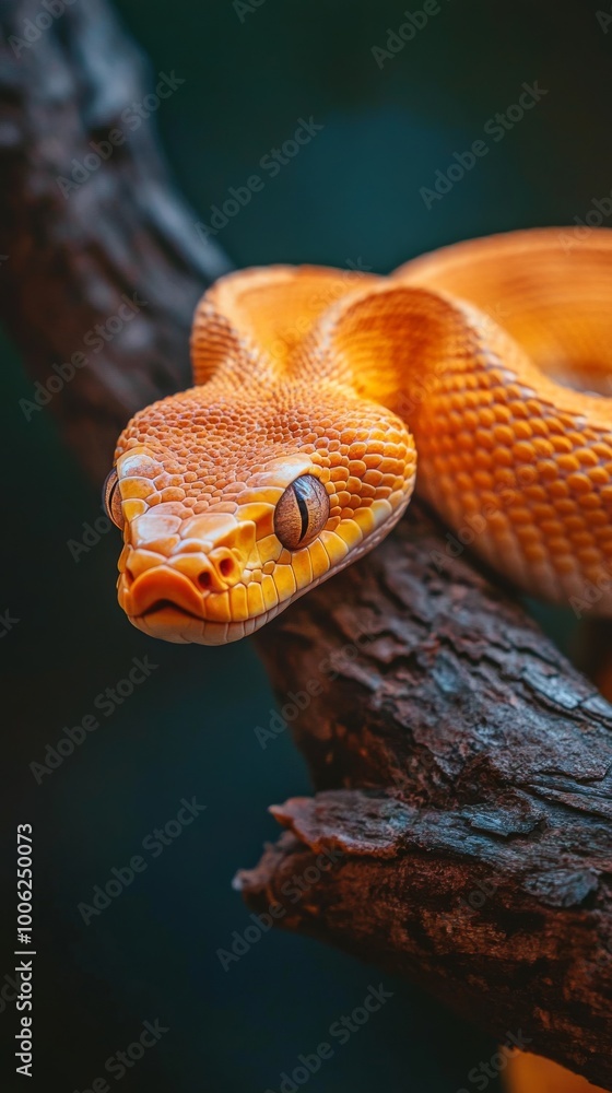 Fototapeta premium Orange snake resting on a branch close up
