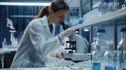 A woman in a lab coat is looking through a microscope