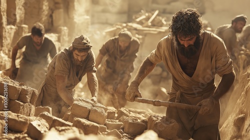 the Israelites working in hard bondage making clay and brick, (biblical context)