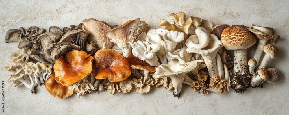 Obraz premium Variety of fresh edible mushrooms lying on table surface