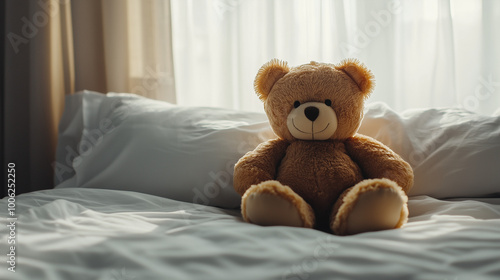 A soft brown teddy bear sitting on a white bed, natural light coming from a nearby window, cozy and comforting atmosphere, detailed plush texture