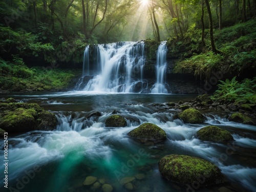 Lush, green forest with beautiful waterfall cascading over mossy rocks into serene pool below. Sunlight filters through trees, creating warm, ethereal atmosphere. Water flows swiftly over rocks,