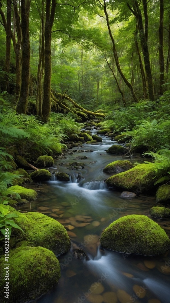 Lush, green forest with flowing stream running through it. Stream surrounded by moss-covered rocks and fallen trees, creating serene and tranquil scene. Dense foliage and tall trees create canopy Lush, green forest with flowing stream running through it. Stream surrounded by moss-covered rocks and fallen trees, creating serene and tranquil scene. Dense foliage and tall trees create canopy