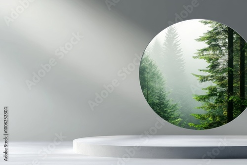 Minimal Concrete Podium with Round Window and Foggy Forest Landscape photo