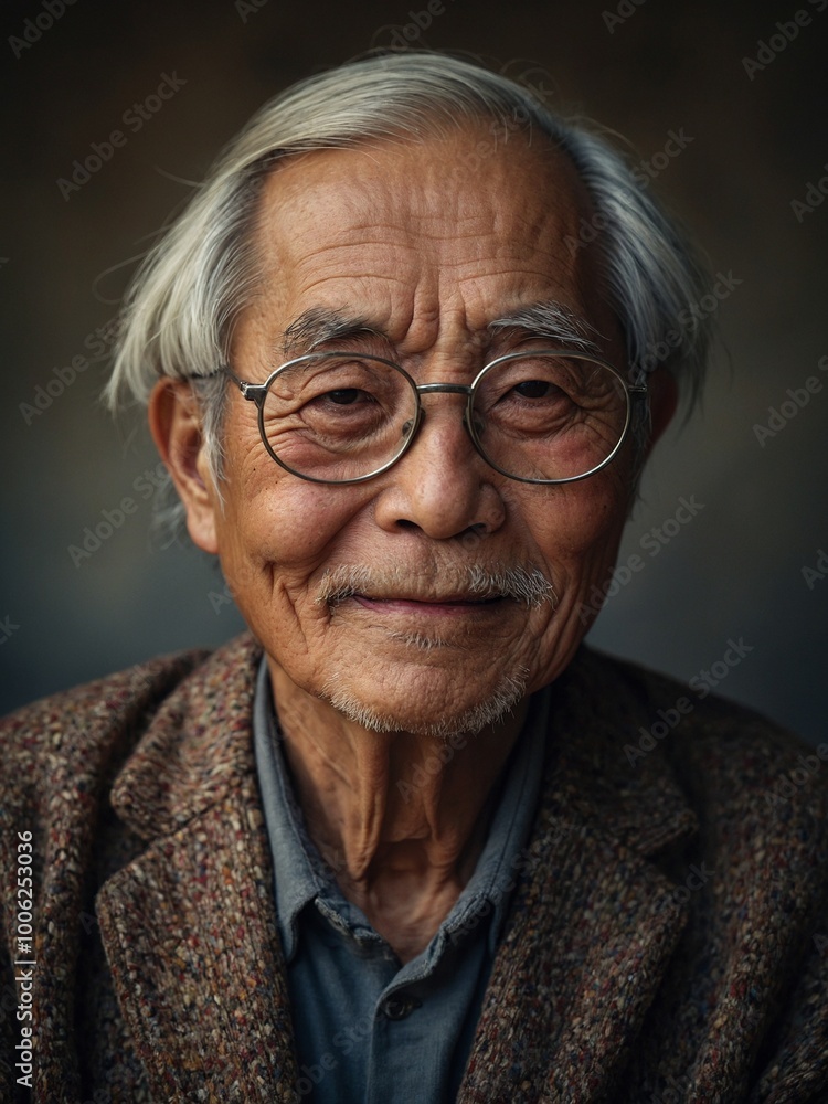 Elderly asian man with gray hair and glasses, wearing brown sweater, with serious expression on his face Elderly asian man with gray hair and glasses, wearing brown sweater, with serious expression on his face