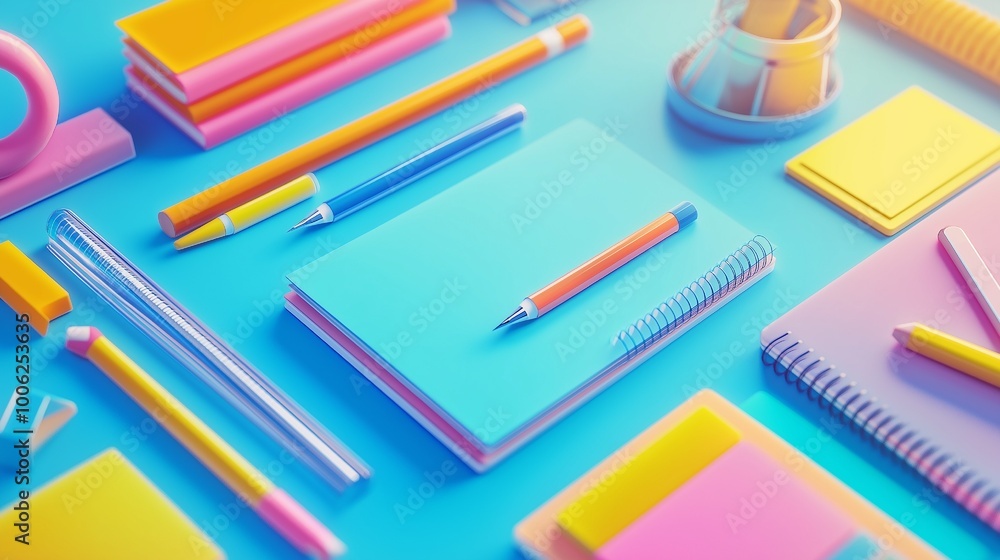 A close-up picture shows a desk arranged with a variety of colorful stationary items. A close-up picture shows a desk arranged with a variety of colorful stationary items.