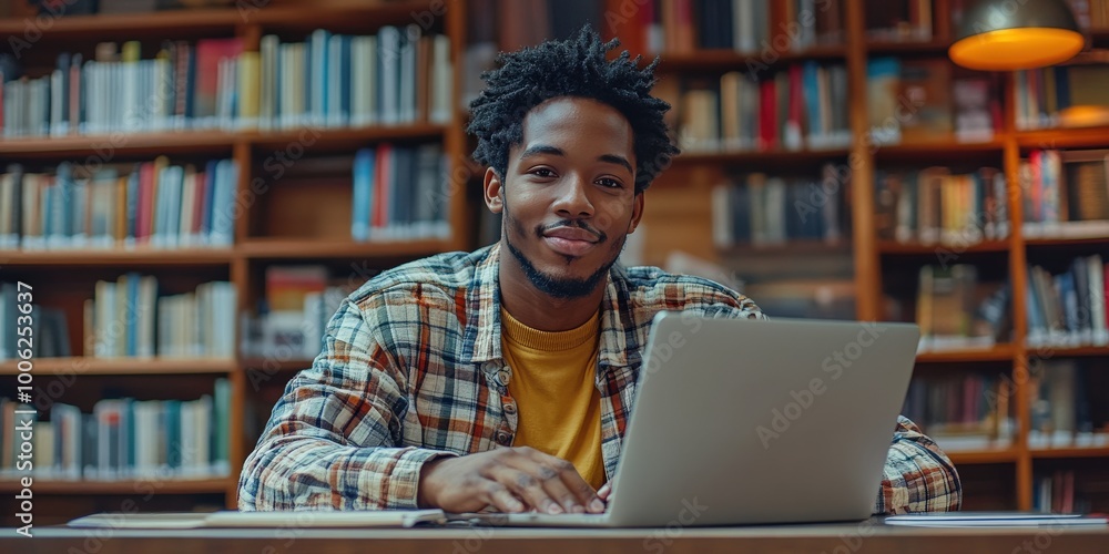 College Student Smiling While Studying with Laptop in Bright Library College Student Smiling While Studying with Laptop in Bright Library