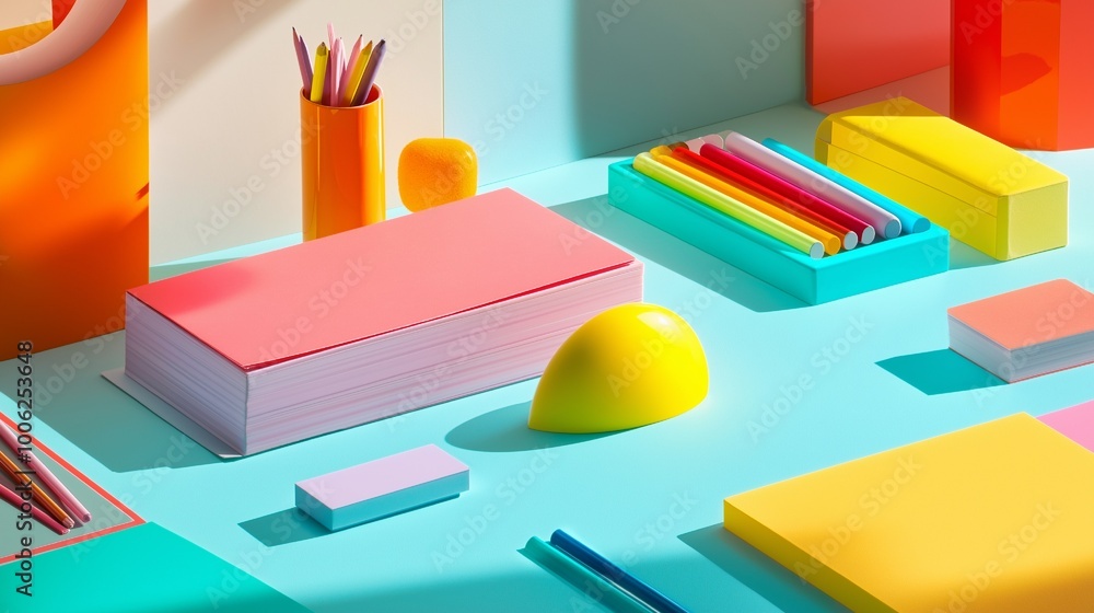 A close-up picture shows a desk arranged with a variety of colorful stationary items. A close-up picture shows a desk arranged with a variety of colorful stationary items.