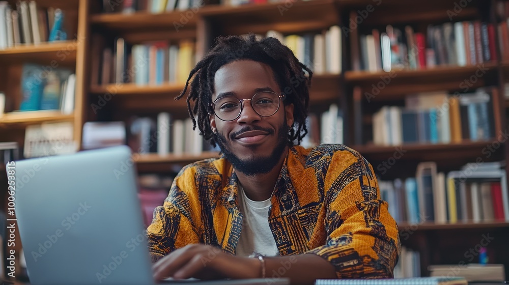 College Student Smiling While Studying with Laptop in Bright Library College Student Smiling While Studying with Laptop in Bright Library