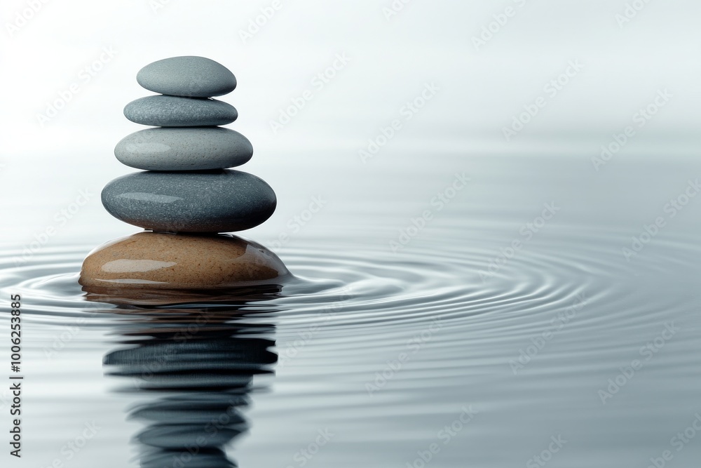 A balanced stack of pebbles with rippling water reflections in a serene, minimalist scene A balanced stack of pebbles with rippling water reflections in a serene, minimalist scene
