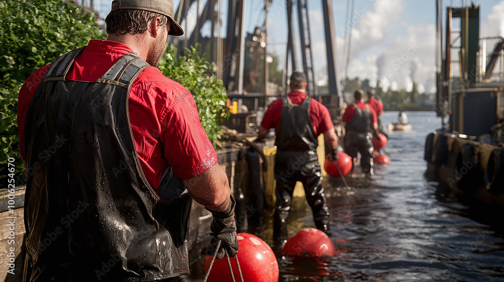 a team efficiently deploying buoys in a waterway, creating a sense of movement and purpose a team efficiently deploying buoys in a waterway, creating a sense of movement and purpose