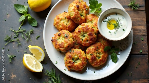 Kolokithokeftedes – Greek Zucchini Fritters with Yogurt Dip (Greek Cuisine) photo