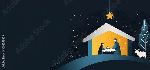 Stylized illustration of the nativity scene with Mary, Joseph, and baby Jesus in their manger inside an open house shape, isolated on a dark background. photo