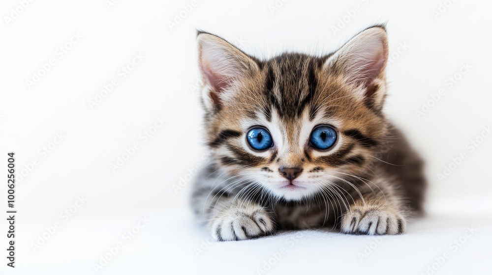 Adorable tabby kitten with blue eyes lying down on white background Adorable tabby kitten with blue eyes lying down on white background