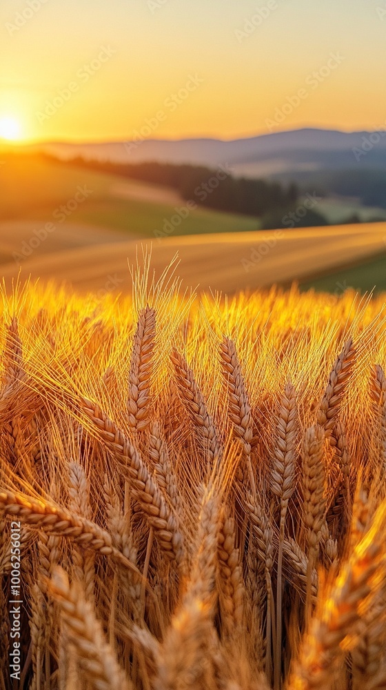A detailed close-up panoramic view of golden wheat fields gently swaying in the breeze under a clear azure sky during a vibrant sunset. Warm sunlight casts a golden glow over the landscape. A detailed close-up panoramic view of golden wheat fields gently swaying in the breeze under a clear azure sky during a vibrant sunset. Warm sunlight casts a golden glow over the landscape.