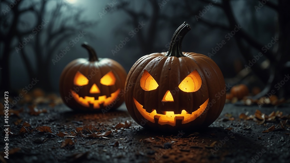 Pumpkins placed on a forest ground for the halloween. Pumpkins placed on a forest ground for the halloween.
