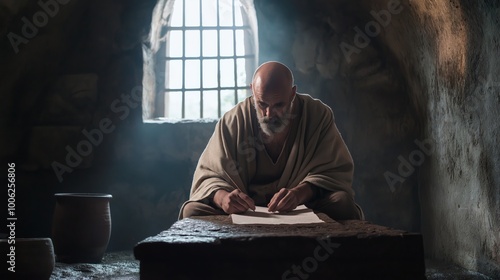 Apostle Paul,  sits on a rough stone bench inside a dimly lit Roman prison cell