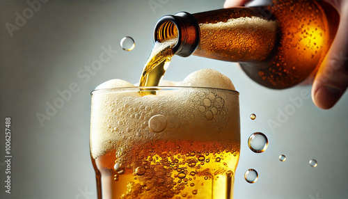 A close-up shot of golden beer being poured from a bottle into a glass for Food and Drink backgrounds