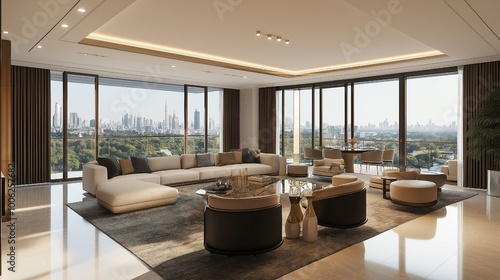 Interior of a luxury home's living room featuring a dining area, a lounge, and a panoramic window