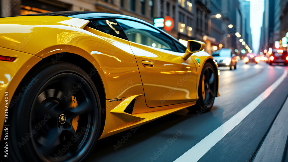 A futuristic sports car with glowing LED lines, parked in a high-tech garage with a digital display panel showing the car's specifications in the background A futuristic sports car with glowing LED lines, parked in a high-tech garage with a digital display panel showing the car's specifications in the background