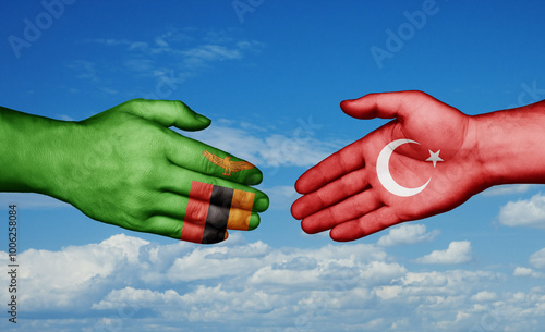 Republic of Turkey and Zambia country handshaking with flags, consensus concept international co-operation illustration