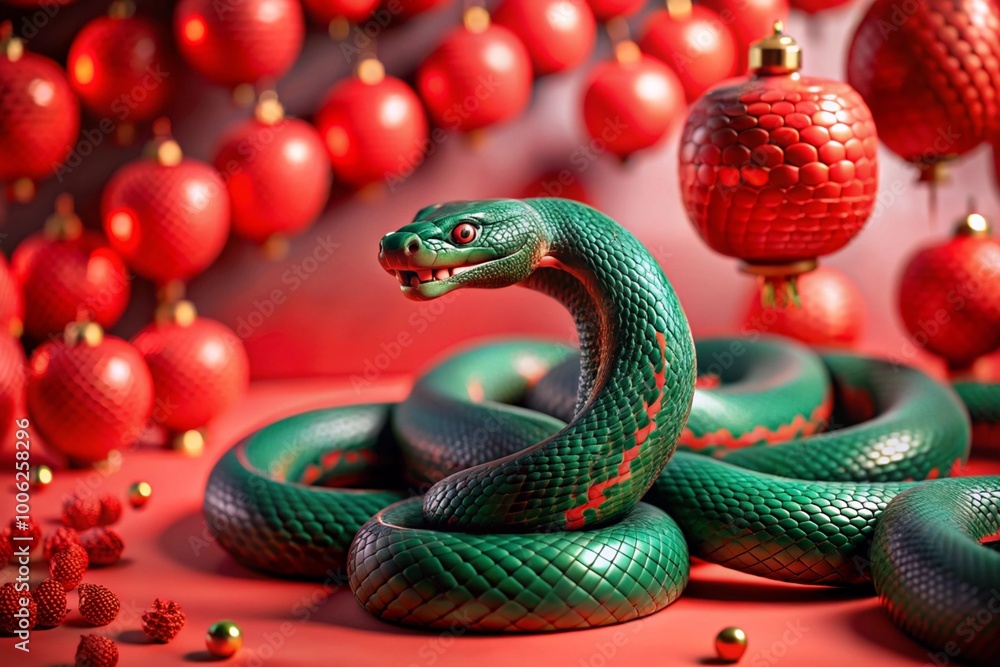 Fototapeta premium Happy New Year 2025. The symbol of the year is a green snake on the background of Chinese red lanterns. A festive poster or banner for a party and New Year's Eve.