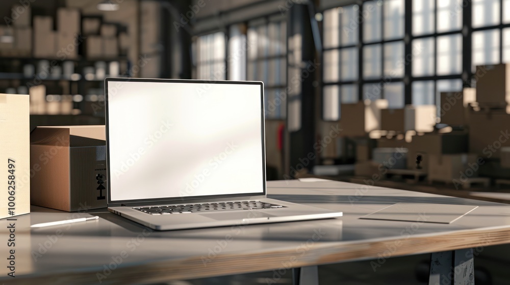 Fototapeta premium Laptop on a Table in a Warehouse