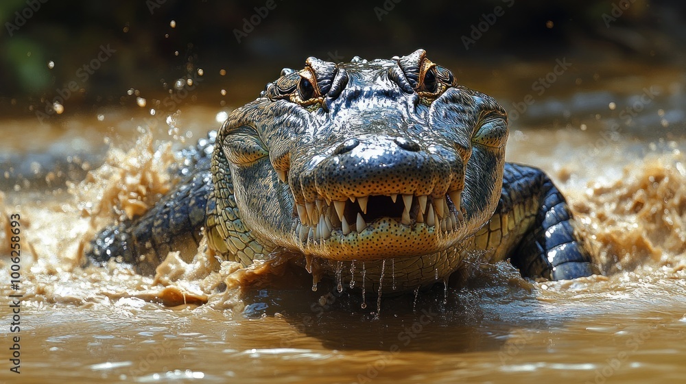 Obraz premium A close-up of a crocodile emerging from muddy water.