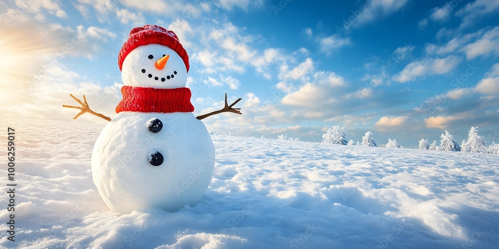 Obraz premium Cheerful snowman in a winter landscape under a blue sky with fluffy clouds, surrounded by a snow-covered field, reflecting the holiday spirit in vibrant colors and seasonal joy.