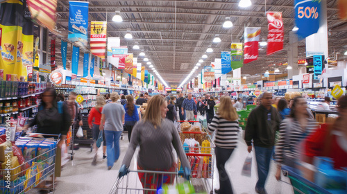 Blurred motion of people in supermarket. Wide-angle shot of a busy store with colorful sale banners hanging from the ceiling. Shopping carts filled with products are in the foreground.