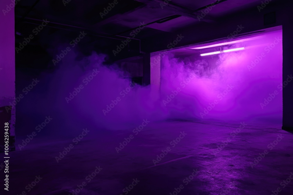 Moody Industrial Interior with Purple Fog and Neon Lighting - Dramatic Ambiance for Creative Design Moody Industrial Interior with Purple Fog and Neon Lighting - Dramatic Ambiance for Creative Design