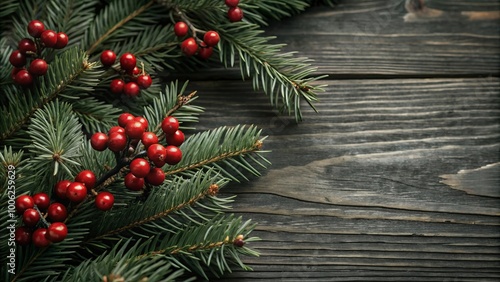 Christmas Holiday Background with Evergreen Pine Branches and Red Berries