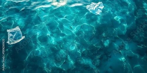 Clear turquoise water surface marred by plastic bag pollution, aerial view emphasizing environmental awareness and the impact of marine debris on crystal-clear seas.