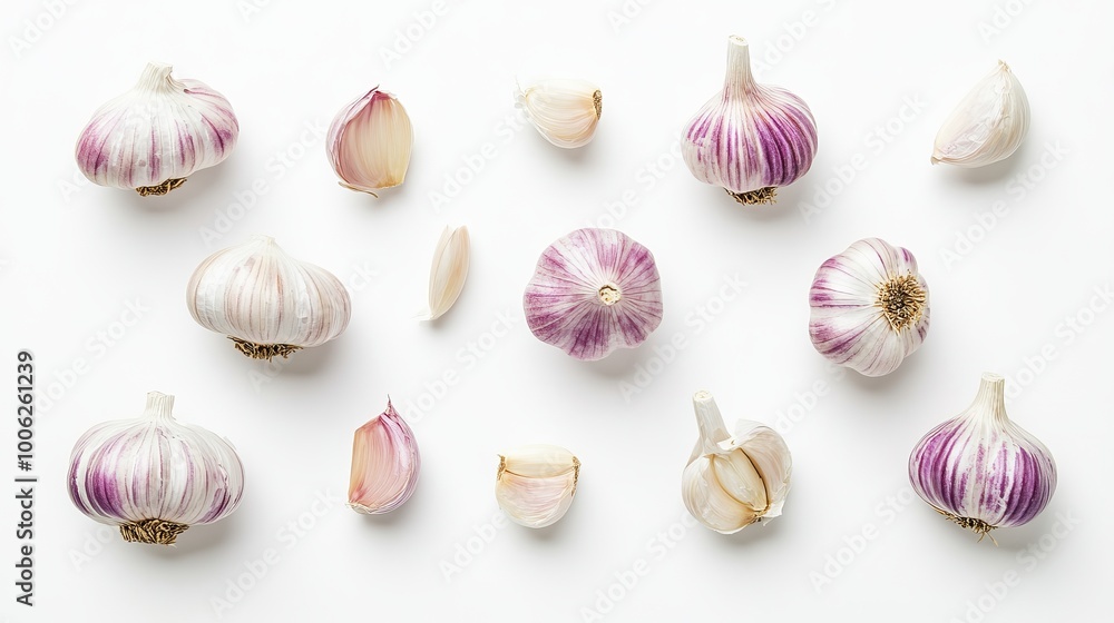 Garlic cloves and bulbs arranged on seamless white background Garlic cloves and bulbs arranged on seamless white background