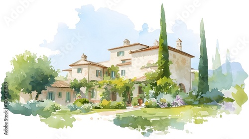 Old italian villa. Vintage sketch  of european country house. Rural villa isolated on white. Old spanish villa watercolor illustration.