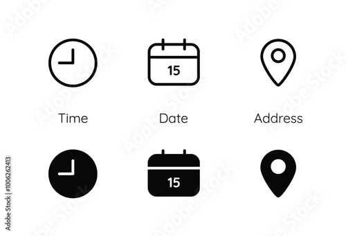 Time, date, location, address and clock line icons