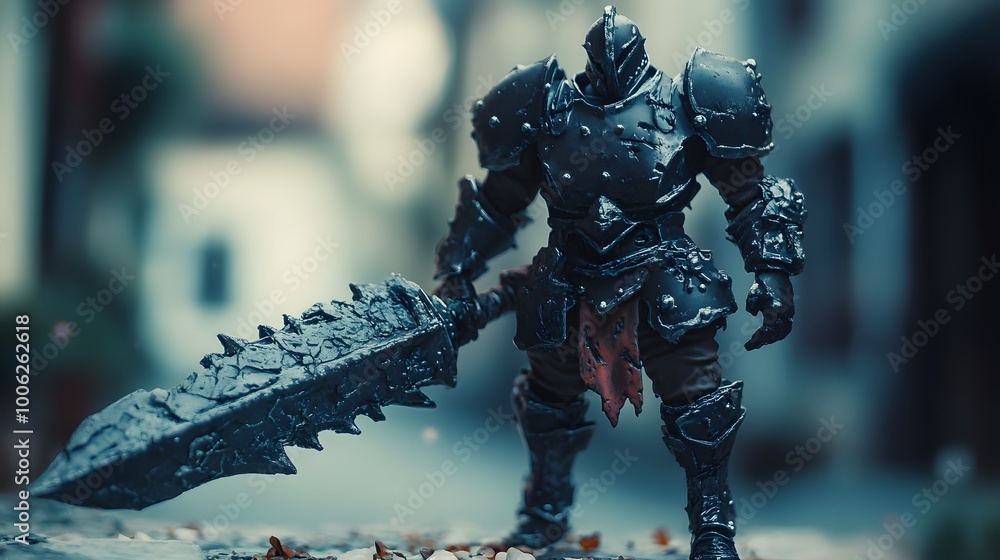 Poseable game character figure in heroic stance holding a massive weapon Poseable game character figure in heroic stance holding a massive weapon