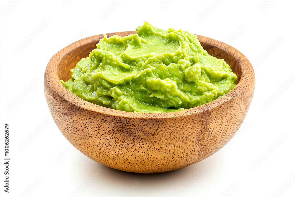Traditional mexican guacamole in wooden bowl isolated on white background Traditional mexican guacamole in wooden bowl isolated on white background