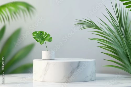 White Marble Podium with Green Palm Leaves for Product Presentation photo