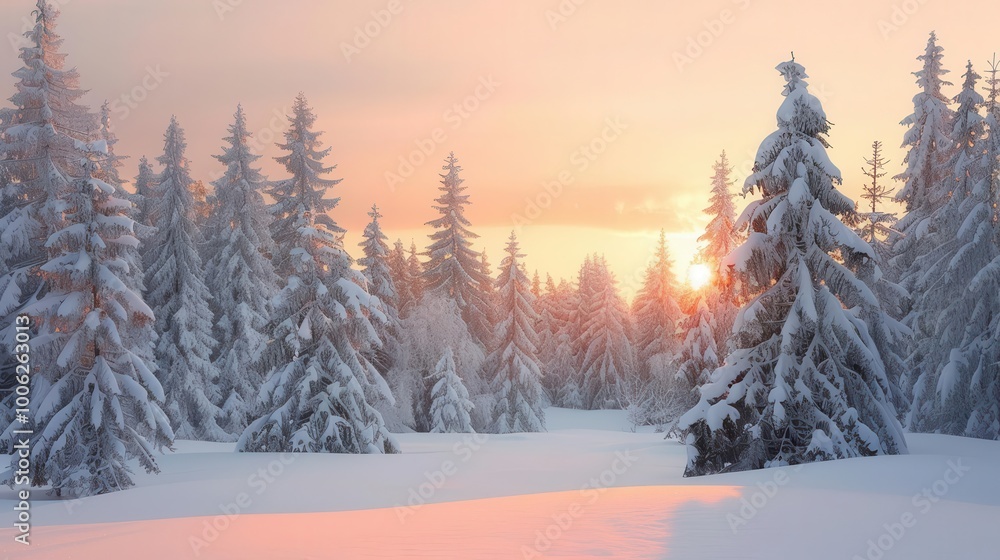 A winter sunrise illuminating a snowy pine forest A winter sunrise illuminating a snowy pine forest