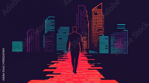 A silhouette of a person walking on a glowing red path towards a futuristic cityscape with neon lights.