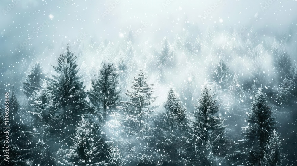 Snow gently falling over a dense pine forest Snow gently falling over a dense pine forest