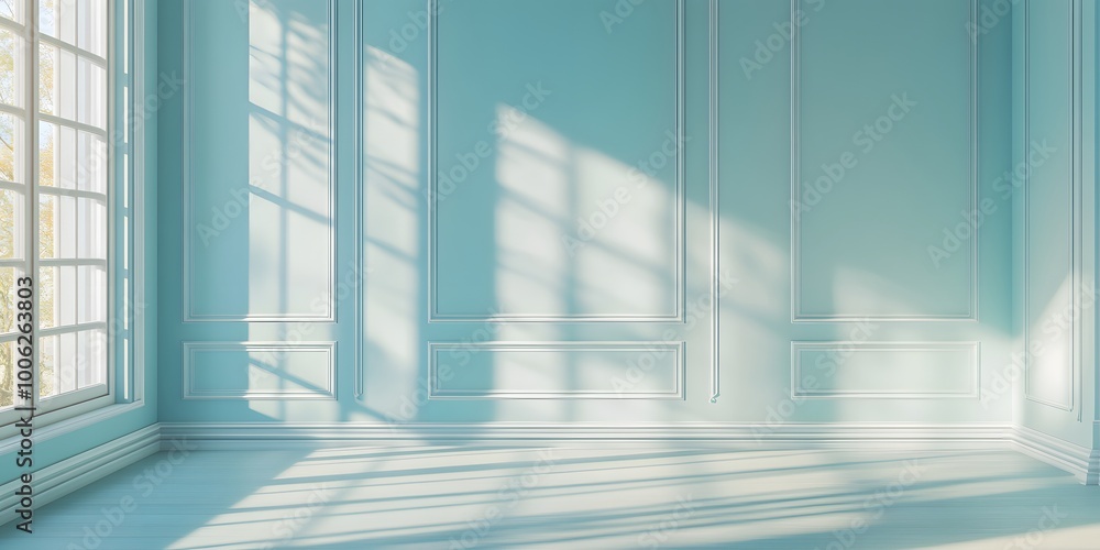 Empty room with pale blue walls and a large window, sunlight casting geometric shadows in a minimalist interior setting, creating a soft, tranquil ambiance with photorealistic quality. Empty room with pale blue walls and a large window, sunlight casting geometric shadows in a minimalist interior setting, creating a soft, tranquil ambiance with photorealistic quality.