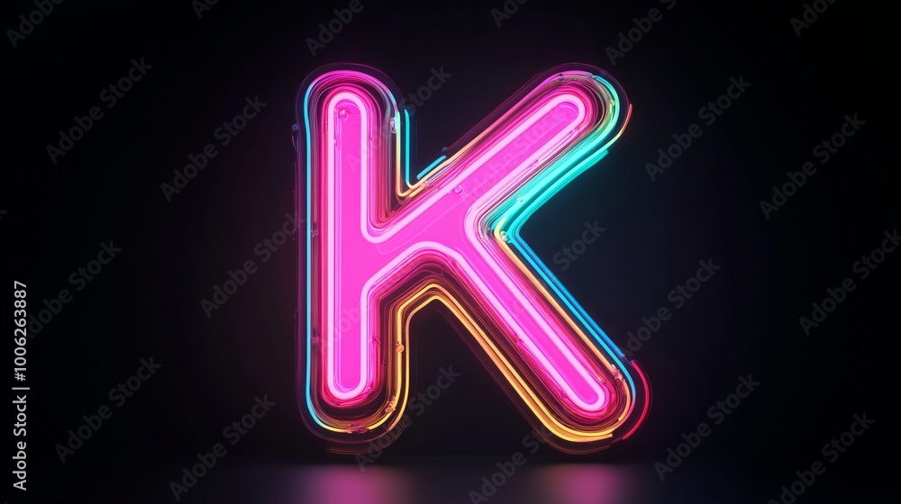 Vibrant neon light letter k shining on black background Vibrant neon light letter k shining on black background