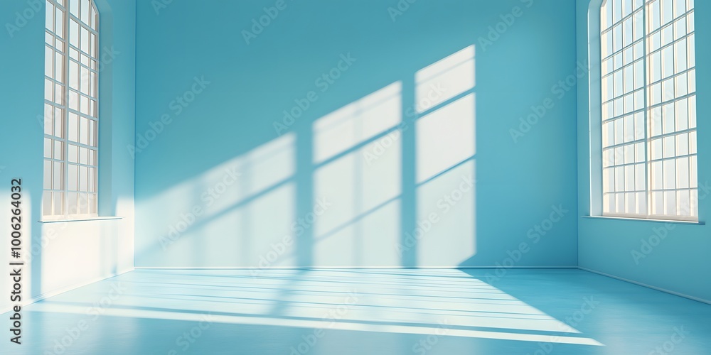 Fototapeta premium Empty room with pale blue walls and a large window, sunlight casting geometric shadows in a minimalist interior setting, creating a soft, tranquil ambiance with photorealistic quality.