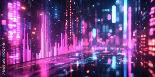 Fintech visualization featuring neon financial graphs and glowing trading charts, set against a blurred bokeh background, representing a high-tech investment interface with vibrant colors.