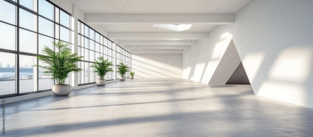 Obraz premium Abstract White Interior with an Empty Corridor and Triangular Shapes, Futuristic Architectural Concept