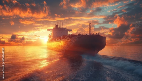 Cargo ship at sea, vibrant sky, soft lighting, dynamic water movement, industrial setting, photo-realistic