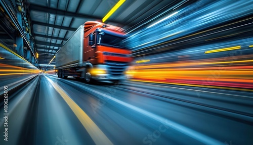 Cargo transportation with sleek trucks, vibrant motion, dynamic composition, industrial setting, realism photo